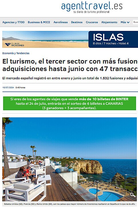 El turismo, el tercer sector con ms fusiones y adquisiciones hasta junio con 47 transacciones